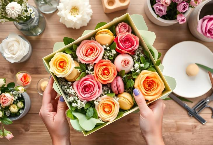 Floral Delight Preparing a Flower Box with Macaroons